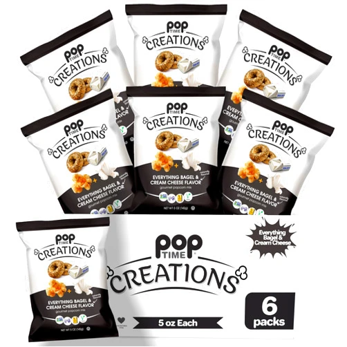 Poptime Creations Popcorn Snacks – Everything Bagel & Cream Cheese Flavor – 5 Oz Bags - 6 Count - Whole Grain, Non-GMO, Gluten & Dairy-Free, Kosher - 2 Flavors in 1 Bag
