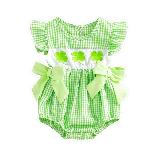 Socutebabe My First 4th of July Baby Girl Outfit Infant Plaid Bubble Romper Shamrock Embroidery Irish Day Spring Clothes