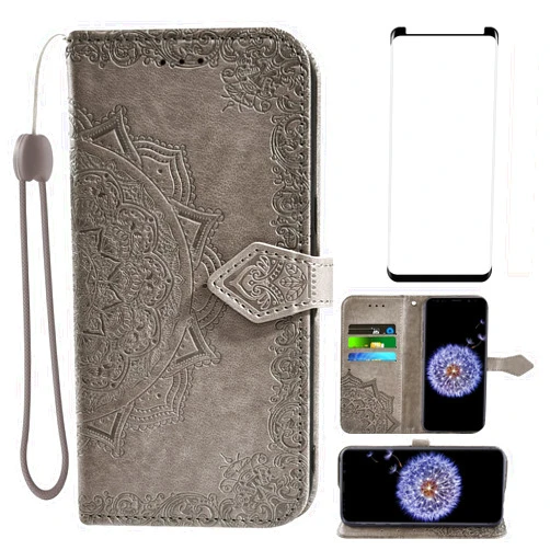 Asuwish Compatible with Samsung Galaxy S9 Plus Wallet Case Tempered Glass Screen Protector and Leather Flip Cover Card Holder Cell Phone Cases for Glaxay S9+ 9S 9+ S 9 9plus S9plus Women Men Grey