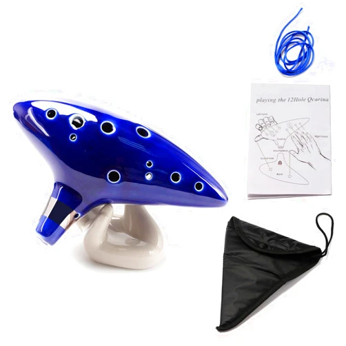 SUEIANNMN Ocarina Instrument 12 Hole Alto C Ocarinas Ceramic with Neck Strap Cord and Song Book, Gift Box, Hand-shape Display Stand, Black Protective Bag