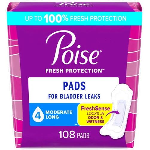 Poise Incontinence Pads & Postpartum Incontinence Pads, 4 Drop Moderate Absorbency, Long Length, 108 Count, Packaging May Vary