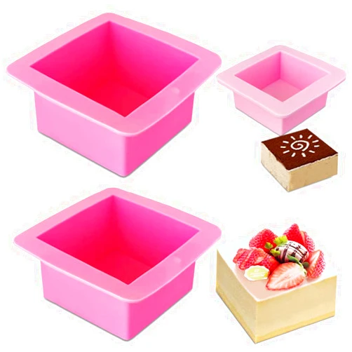 AIFUDA 3 Pcs Non-Stick Square Baking Silicone Molds, Quick Release Bread Pan Bakeware Tray for Cheese Cake Tier Cake Handmade Toast Mold Bread Mould Soap Mold - Rose Red, Pink