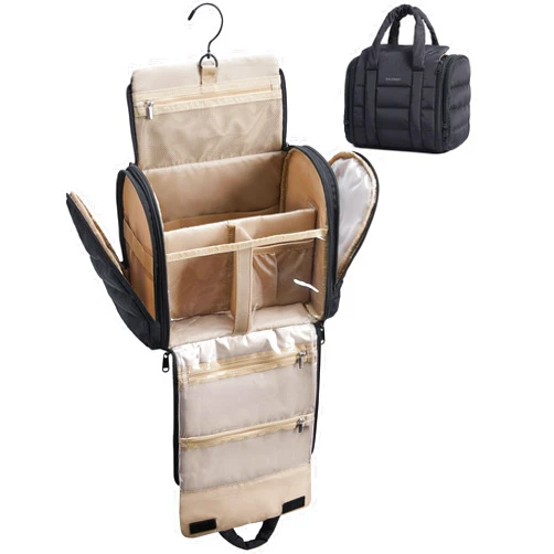 BAGSMART Travel Toiletry Bag with Removable Partition, Puffy Water-resistant Fabric Hanging Organizer for Full-Size Toiletries, Accessories, Black