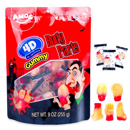 Amos 4D Gummy Body Parts Halloween Candy, Spooky Candy Snacks, Approx. 32 Individually Wrapped Pieces, 9 oz Bag – Perfect for Trick-or-Treat & Party Favors