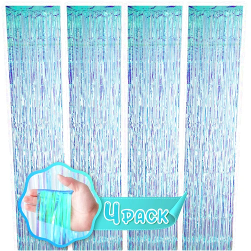 Kipommic 4 Pack Foil Fringe Backdrop Curtains - Iridescent Blue Tinsel Streamers for Birthday, Graduation Class Disco Bachelorette New Year Party Decorations