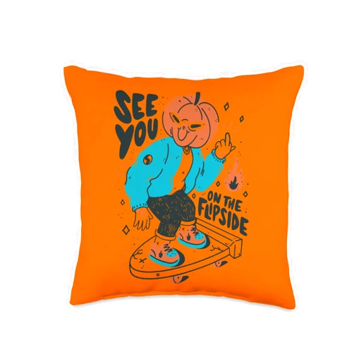 Halloween, Horror, Zombie, Kürbis, Skelett, Grusel See You on The Flipside. Skater Pumpkin, Skateboard Throw Pillow, 16x16, Multicolor