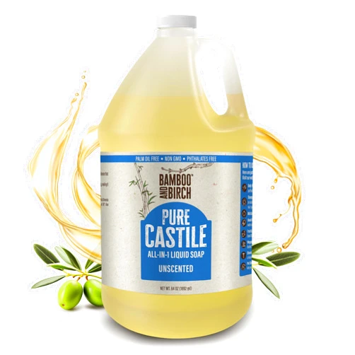 BAMBOO AND BIRCH Pure Castile Soap Liquid Organic, Certified Palm Oil Free Natural Soap, Unscented, 64 oz