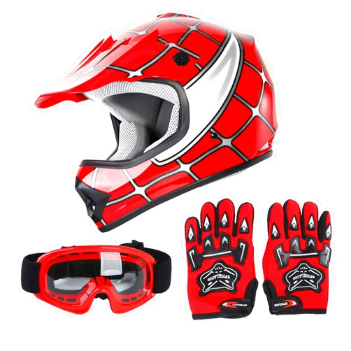 SLMOTO Dot Youth Kids Helmet Motocross Offroad Street Helmet Motorcycle Helmet Dirt Bike Motocross ATV Red Spider Design Helmet+Goggles+Gloves Medium