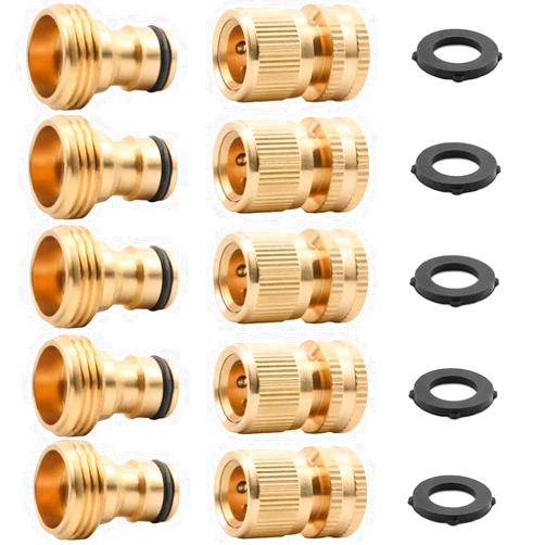 ADrivWell Garden Water Hose Quick Connectors 3/4 Inches Brass Easy Connect Hose Adapter(5 Sets of Male & Female Connector) with Extra Rubber Washers