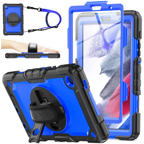SEYMAC stock Case for Samsung Galaxy Tab A7 Lite 8.7'' with Screen Protector Pencil Holder [360 Rotating Hand Strap] &Stand, Drop-Proof Case for Samsung A7 Lite 2021 SM-T220/T225/T227, Blue/Black