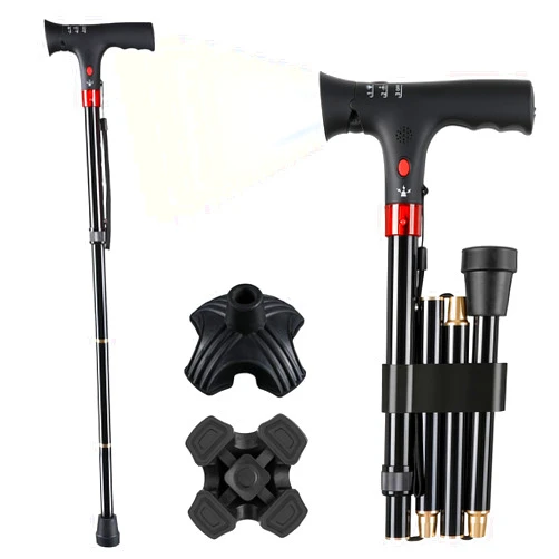 AGPTEK Folding Walking Cane for Women & Men, Adjustable Walking Stick with LED Light and Manual Alarm for Seniors & Adults, Heavy Duty Collapsible Cane with Quad & Tip Base
