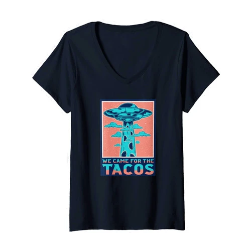 Merchling Ufo Abduction Womens Ufo Abduction Taco Lovers Funny Alien Spacecraft V-Neck T-Shirt