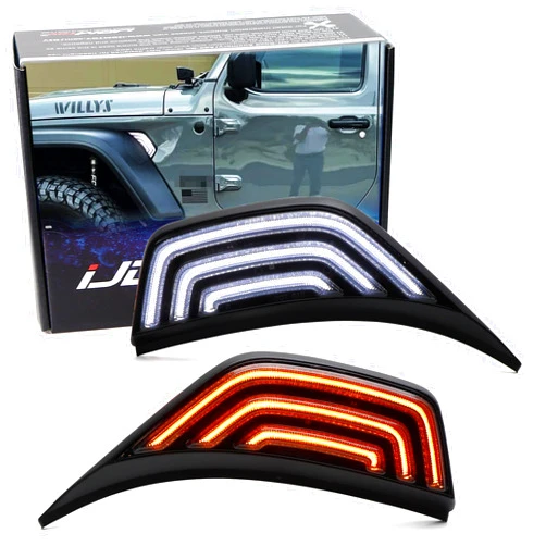 iJDMTOY Black-Out Smoked Lens White/Amber Sequential Blink Switchback LED Fender Flare Vent Trim Replace Side Marker Lighting Kit (Add-On), Compatible with Jeep Wrangler JL, Gladiator JT