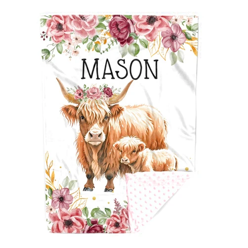 YISMEET Personalized Baby Blankets for Girls, Custom Name Baby Blanket with Floral Highland Cattle Design, Soft Receiving Blanket for Newborns and Toddlers, Ideal for Baby Showers and Nursery Decor
