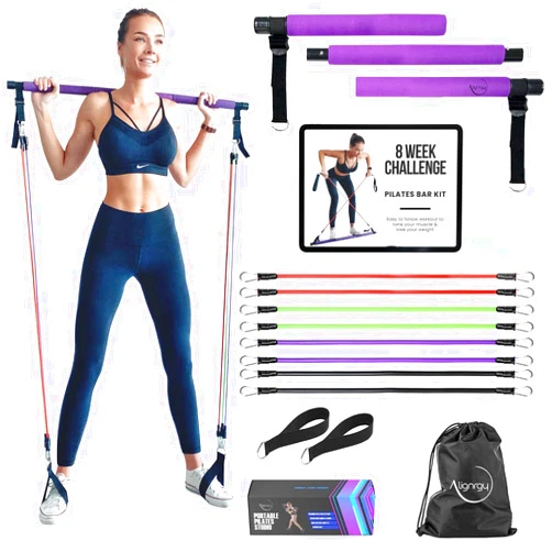 Alignrgy Portable Pilates Bar Kit with Resistance Bands (20, 30, 40, 50 LB) - Guided 8-Week Pilates Bar Kit Plan - Premium Quality Home Equipment 3-Section Pilates Bar with Resistance Bands Full-Body Toning