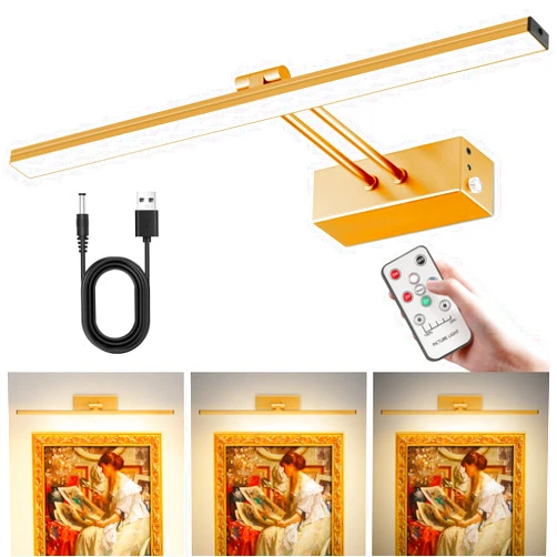 YQNLIFA Picture Light with Remote, 16 in Wireless Rechargeable 5200mAh Battery Operated Wall Light, 5 Colors Paintings Light Dimmable and Timer Metal Art Light for Wall, Display, Artwork, Gallery (Gold)