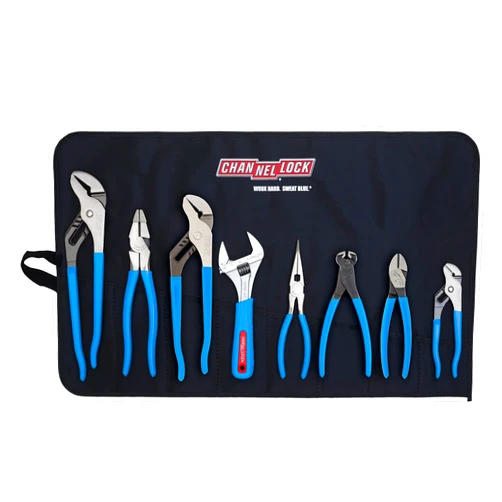 Channellock TOOL ROLL-8 8 Piece Professional Pliers Set w/ Tool Roll | Fast Release Vinyl Pouch Features Long Nose, Diagonal Cutter, Linemen's, End Cutting , Adj Wrench & Tongue and Groove (3) , Blue