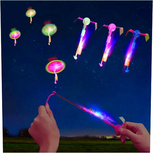 Lpvoqpth 25 Sets LED Flying Set, 25 Slingshot+25 Glow Helicopter-50 Pcs, Flying Toy Outdoor Toys Glow in The Dark Party Supplies Party Favors for Kids 8-12,4-8