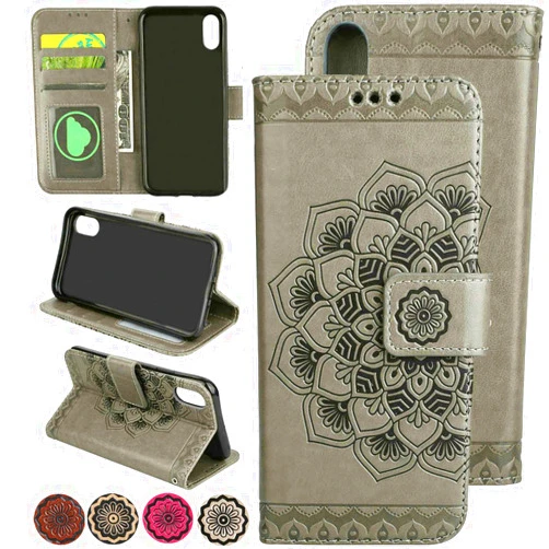 LOVEMILY iPhone X Flip Cell Phone Case Cover [Kickstand][3D Relief Flower] 5.8inch Apple iPhoneX (10) Folio Magnetic Wallet Leather Case with Card Holder Slot for iPhone X Case – Grey