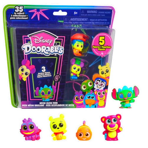 Just Play Disney Doorables Neon Glow Peek Figures, 5 Special Edition 1.5-inch Collectible Figurines, Kids Toys for Ages 5 Up by Just Play