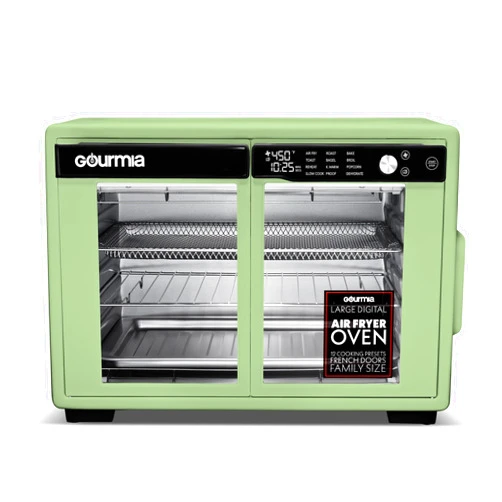 Gourmia French Door Air Fryer Oven - 37 Qt Large Capacity Convection Toaster Oven, FryForce 360°, Digital Display, 12 Cooking Presets, Dehydrate, Fits 13” Pizza, Dishwasher-Safe, Green