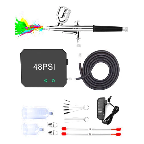 Gocheer Airbrush Kit with Air Compressor, 48 PSI High Pressure Air Brush Non-Clogging with 0.2/0.3/0.5mm Nozzle/Cleaning Sets, Ideal for Painting, Modeling, Cake Decor, Pastry, Makeup, Nail Art Black.