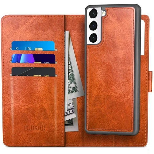 DJBull for Samsung Galaxy S21 FE 2-in-1 Detachable Wallet case with Credit Card Holder【RFID Blocking】,Flip Folio Book PU Leather Protective Cover Women Men for Samsung S21 FE Phone case Light Coffee