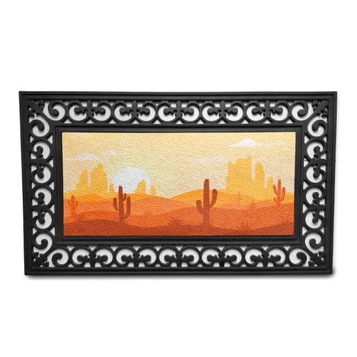 Lunarable Arizona Doormat, Cartoon Silhouette with Desert and Cactus Western, Rectangle Entryway Welcome Mat for Front Door & Backyard, 17.3