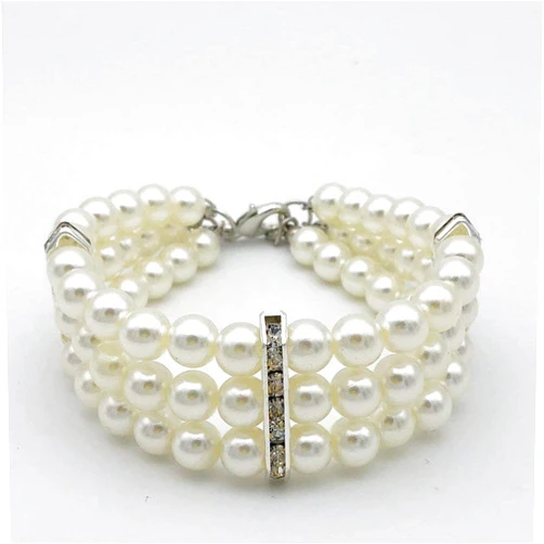 PETFAVORITES Fancy 3 Row Pearls Diamond Dog Necklace Collar Jewelry with Bling Rhinestones for Pets Cats Small Dogs Girl Teacup Chihuahua Yorkie Clothes Costume Outfits (White, Neck Size: 8