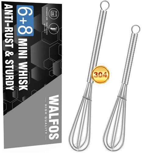 Walfos Mini Whisk,Non-Rust Whisk,304 Stainless steel Small Whisk.Heat Resistant 450℉.6+8Inch Tiny whisk Nice for Whisking, Blending Ingredients, Beating, Mixing Sauces (Silver)