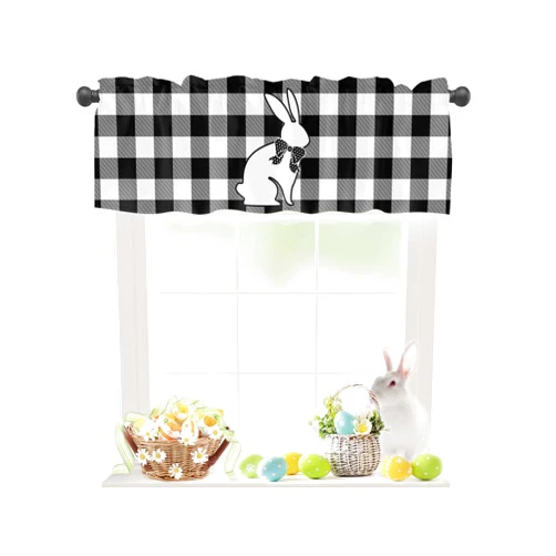 FADADII11 Easter Valances for Windows Buffalo Checked Bunny Silhouette Window Valances Rod Pocket Black White Window Treatment Spring Holiday Decor Valances for Kitchen Living Room Bedroom, 42x12in