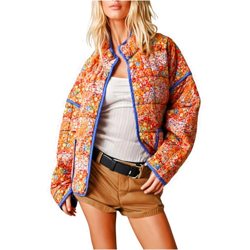 Omoone Women's Cropped Quilted Jacket Floral Printed LightWeight Padded Puffer Cardigan Coat Outwear