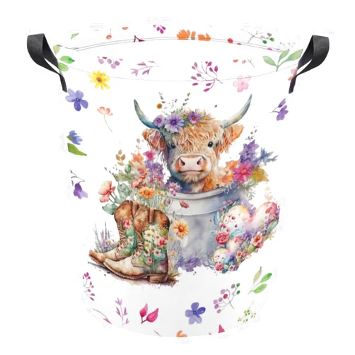 Mchuang Pink Floral West Highland Cow Floral Laundry Hamper,kids laundry Basket,Waterproof Storage Bin for Bedroom,Clothes Organizer Basket,Toys Box,Room Decor