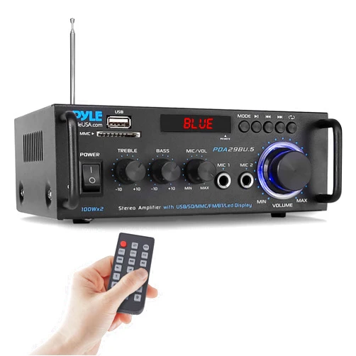 Pyle Stereo Power Amplifier 200 W Peak w/ Bluetooth Wireless, LED Display, Dual Channel Audio Stereo Receiver w/ RCA, USB, SD, MIC in, FM Radio, Perfect For Home Computer via RCA - PDA29BU.5