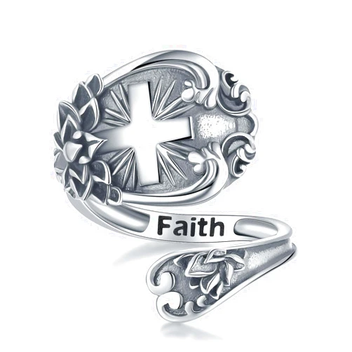 Salloog Vintage Spoon Ring, Sterling Silver, Faith Cross, Adjustable, Women's Ring, Religion, 925, Silver, Gift, One Size