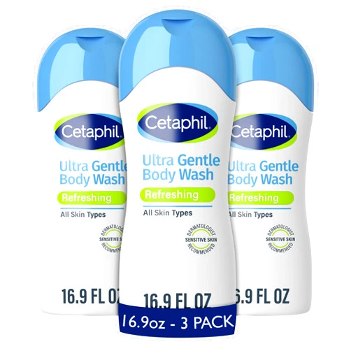 Cetaphil Ultra Gentle Refreshing Body Wash, Refreshing Scent For Dry to Normal, Sensitive Skin, 16.9oz Pack of 3, with Aloe Vera, Calendula, Vitamin B5, Hypoallergenic, Dermatologist Tested