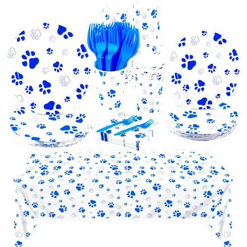 durony 121 Pieces Blue Paw Print Party Supplies Dog Birthday Tablecloth, Plates, Napkins, Forks and Paper Cups Decorations for Puppy Theme Party Supplies