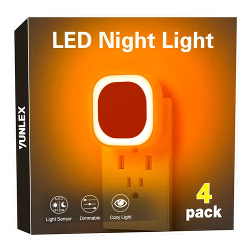 YUNLEX 4 Pack Plug in Dimmable Night Light, Auto Dusk to Dawn Sensor, LED Night Light, Soft Glow, Amber Night Light for Bathroom, Hallway, Stairs, Kitchen, Bedroom, Garage