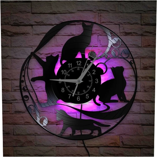 TIMEGLOW 12 Inch Cat Clock 7 Color Changing, Lovely Cat Kittens Vinyl Record Wall Clock Silent LED Night Light Wall Watch Clock Nice Gifts for Housewarming Cats Lovers Pet Shop Decor