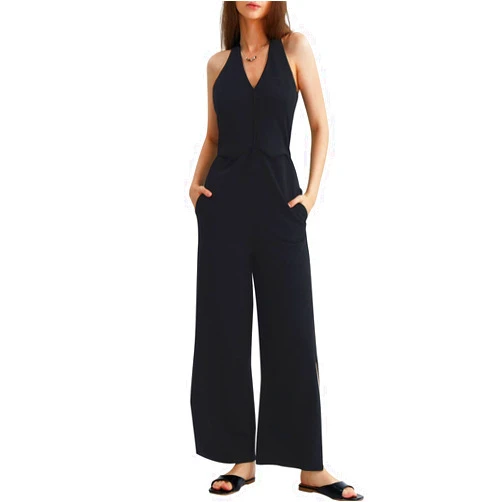 CHERFLY Jumpsuits for Women 2024 Summer Sleeveless Loose Overalls V-Neck Halter Side Slit Wide Leg One Piece Outfits