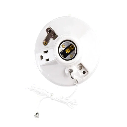 MMBGJKG Light Socket with Grounded Outlet, Porcelain Pull Chain Light Fixture, E26/E27 Base, 660 W, Incandescent/Fluorescent/CFL, Medium,White
