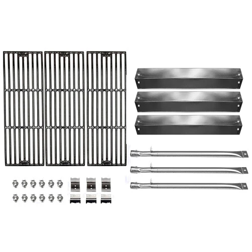 Hongso Grill Parts for Chargriller 5050, 3001, 3008, 3030, 4000, 2121, King Griller 3008, 5252, Cast Iron Grill Grates Heat Plates Burners and Hanger Brackets Included