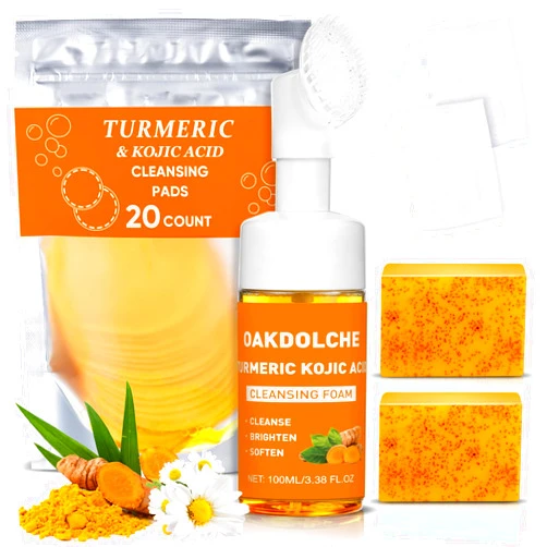 OAKDOLCHE 4Pcs Turmeric Wash Set-Turmeric Face Wash with Brush, 2 Turmeric Kojic Acid Soap Bars, 20 Cleansing Pads, 2 Foaming Nets, Deep Cleansing for Face & Body Cleanser