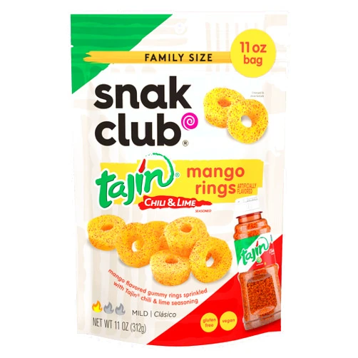Snak Club Tajin Mango Rings Gummy Candy, Fruit Candy Gummies with Chili and Lime Seasoning, Mild, Gluten-Free and Vegan Snacks, 11 oz Resealable Bag