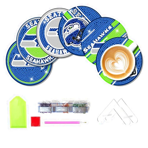 Aimeryup 6 Pcs Diamond Paintings Coasters Kits with Holder,DIY Football Diamond Art Coasters for Adults Kids, Diamond Dot Kits for Seattle Craft Gifts
