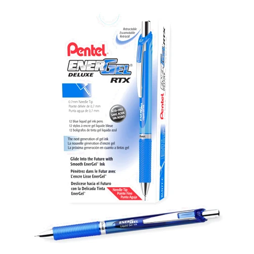 Pentel® EnerGel™ Deluxe RTX Retractable Pens, Needle Point, 0.7 mm, Blue Barrel, Blue Ink, Pack Of 12 Pens