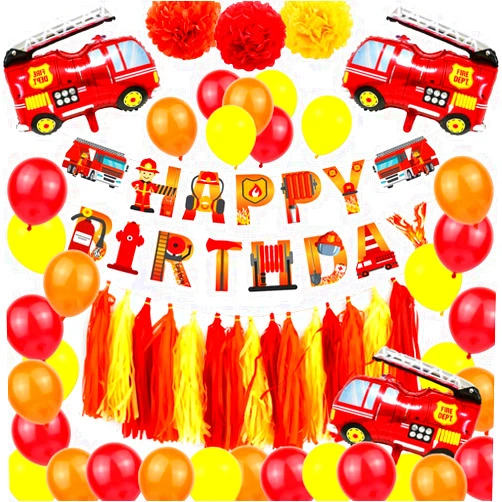 Dulousia Fire Truck Party Supplies - Fireman Happy Birthday Banner, Paper Pom Pom Tissue Tassels, Firefighter Birthday Balloon, Fire Truck Party Decorations