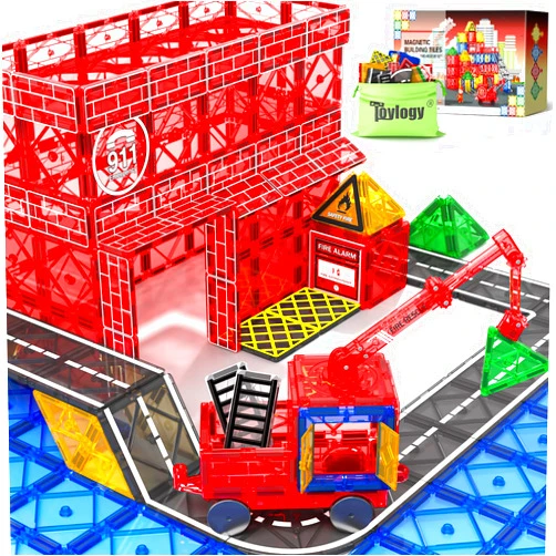Toylogy Magnetic Tiles Road Set with Magnetic Crane Edition Car Toys, Magnet Building City Fire Kids Toys for 3 4 5 6 7 Years Old Boys Girls, Magworld Kids Games Construction STEM Toys for Boys Girls Gifts