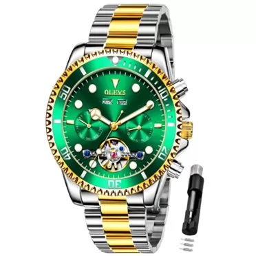 OLEVS Automatic Watch for Men Skeleton Mechanical Self Winding Business Luxury Stainless Steel 3ATM Waterproof Luminous Calendar Wrist Watches Gold Green watch for men