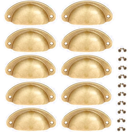 Yetaha Antique Brass Cabinet Pulls, 10PCS Copper Cup Handles Vintage Farmhouse Style Knobs for Dresser Cupboard Kitchen Furniture Decoration, with Screws (Yellow Bronze)